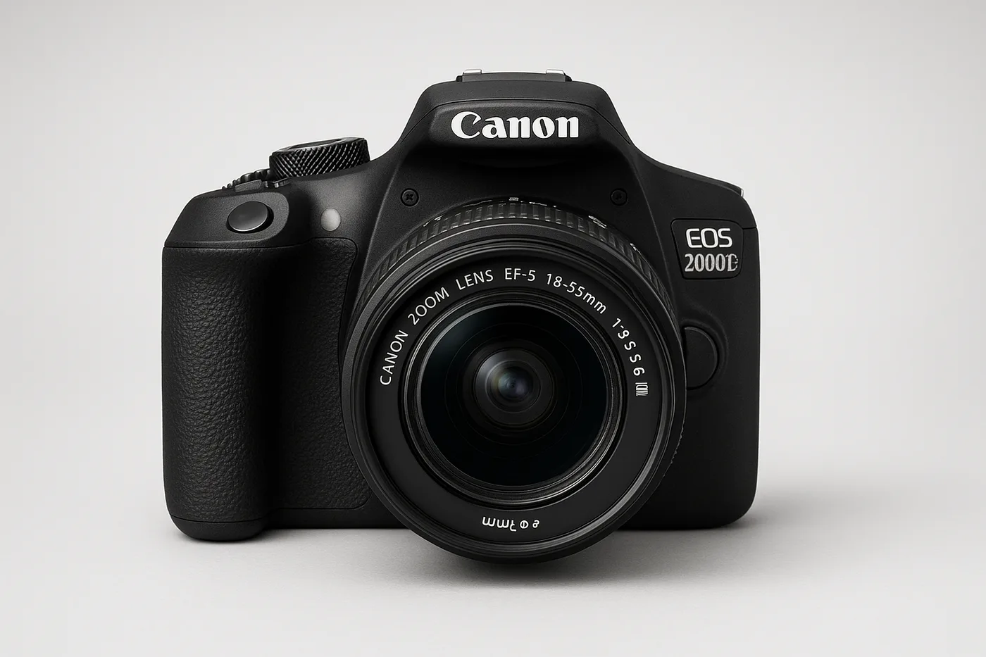 Canon EOS 2000D de frente: réflex APS-C de 24,1 MP que montan los fotomatones para bodas y eventos