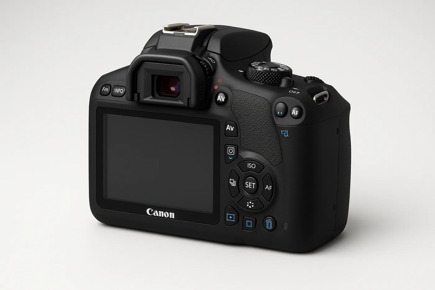 Canon EOS 2000D por detrás con su pantalla LCD y sus controles, la cámara del fotomatón profesional