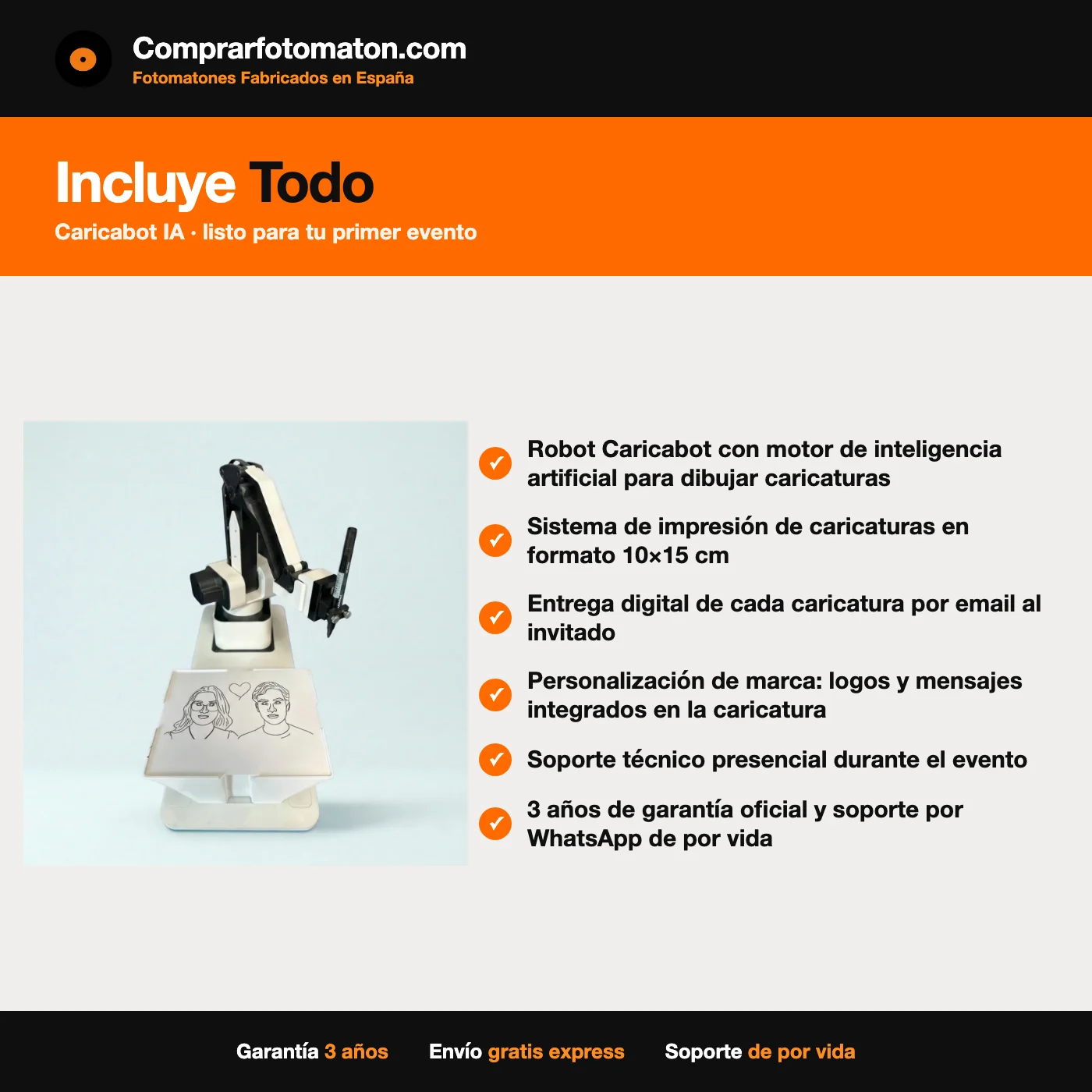 Caricabot: incluye robot Caricabot con motor de inteligencia artificial para dibujar caricaturas y todo lo necesario para el primer evento