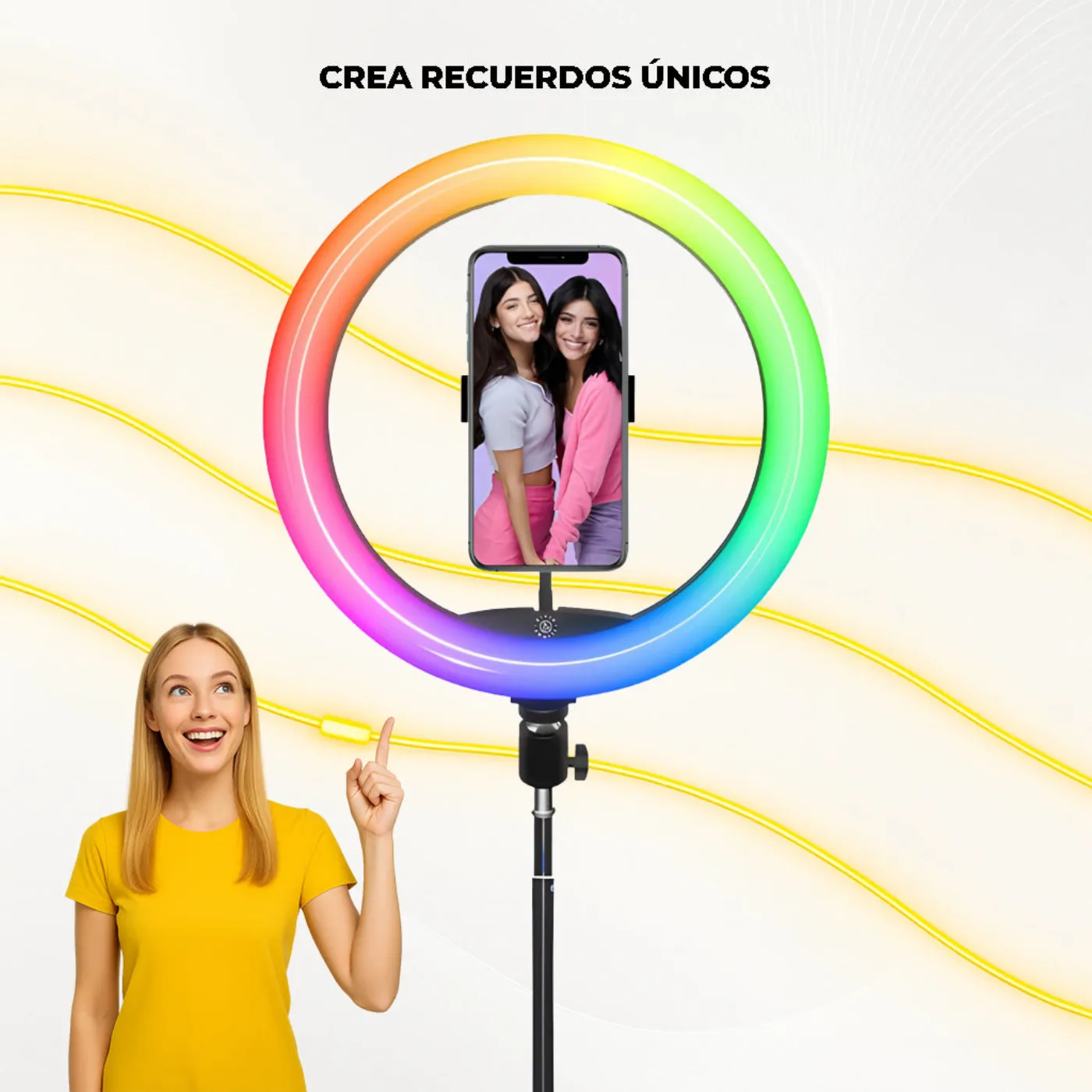 Plataforma 360 de espejo infinito con anillo de luz RGB en un evento