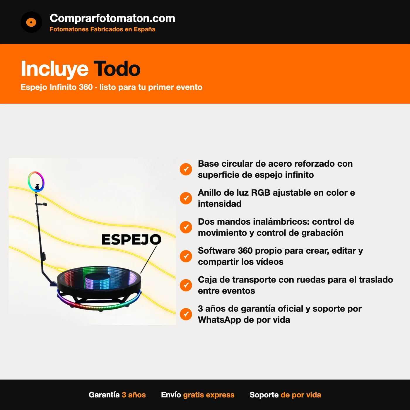 Fotomatón 360 Espejo Infinito: incluye base circular de acero reforzado con superficie de espejo infinito y todo lo necesario para el primer evento