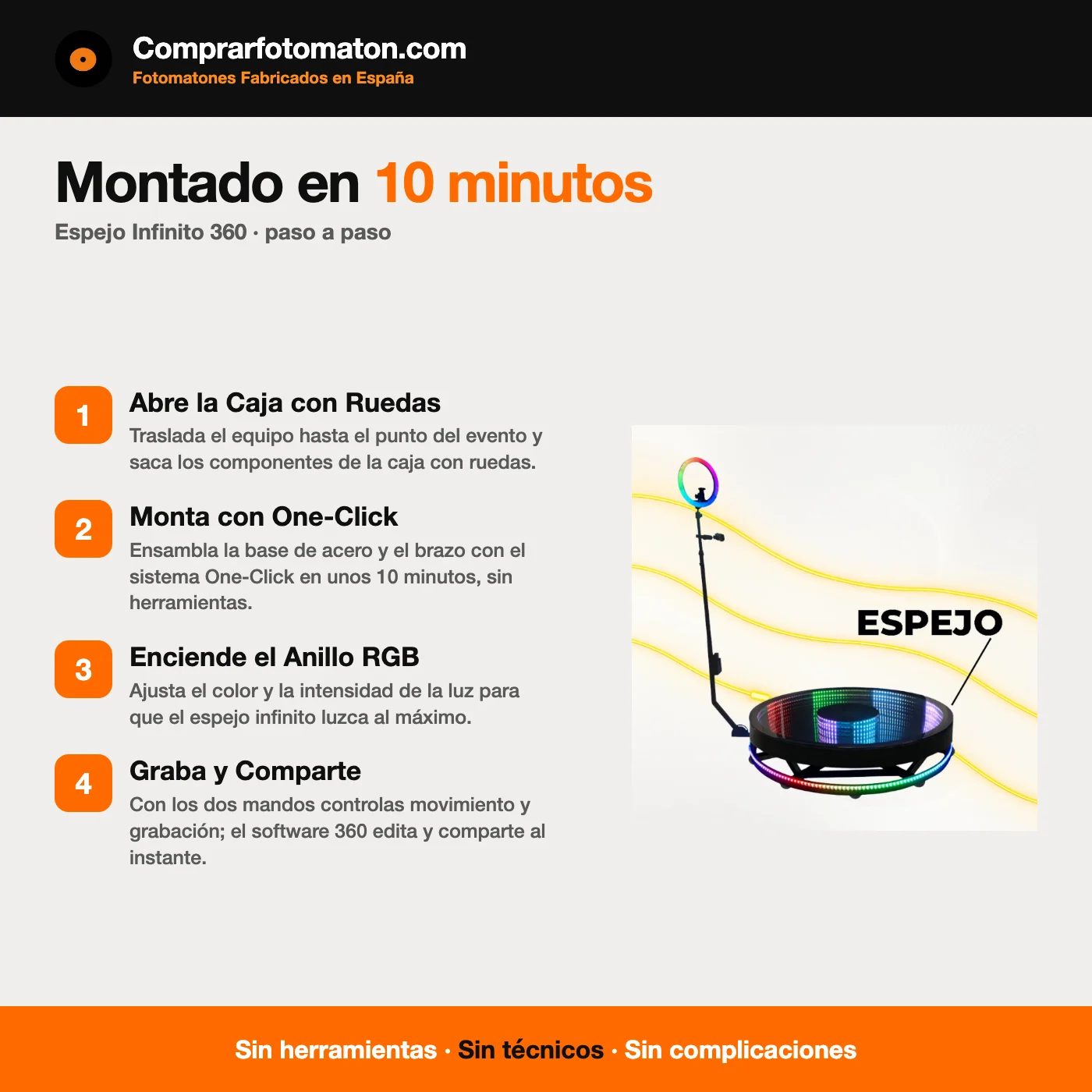Fotomatón 360 Espejo Infinito: montaje en 10 minutos en cuatro pasos, sin herramientas