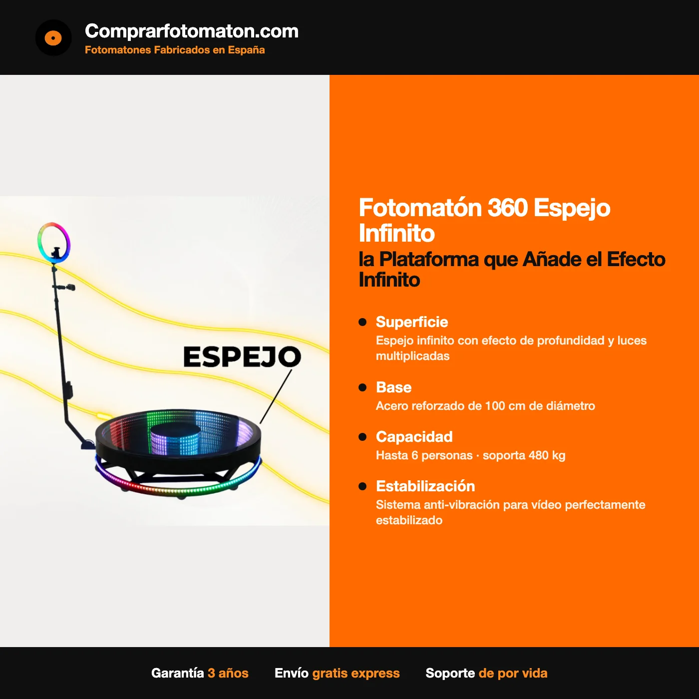 Fotomatón 360 Espejo Infinito: ficha técnica con espejo infinito con efecto de profundidad y luces multiplicadas