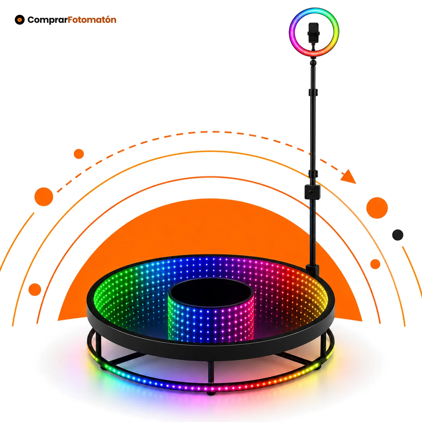 Fotomatón 360 Espejo Infinito: plataforma redonda con túnel de espejo infinito de luces RGB multicolor, aro luminoso inferior y mástil con aro de luz y soporte de móvil