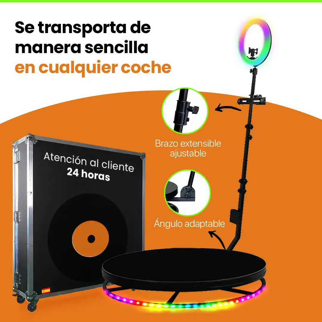 Características de la Plataforma 360: brazo extensible ajustable, ángulo adaptable, aro de luz RGB y flycase con ruedas que cabe en cualquier coche