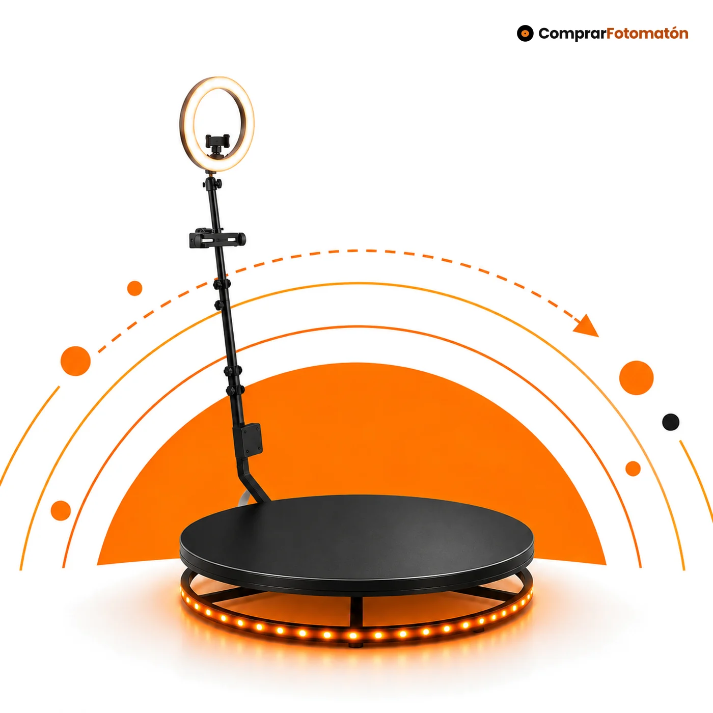 Plataforma Giratoria 360 profesional con base de 80 cm, aro LED bajo la base, brazo motorizado y aro de luz
