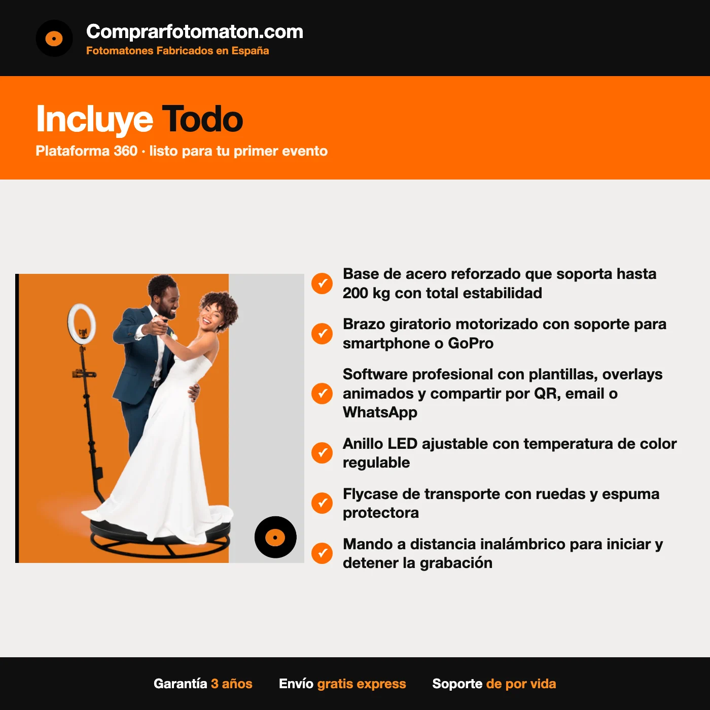 Plataforma 360 Giratoria Profesional: incluye base de acero reforzado que soporta hasta 200 kg con total estabilidad y todo lo necesario para el primer evento
