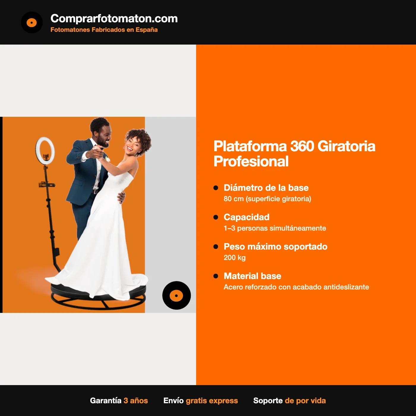 Plataforma 360 Giratoria Profesional: ficha técnica con 80 cm (superficie giratoria), 1–3 personas simultáneamente, 200 kg