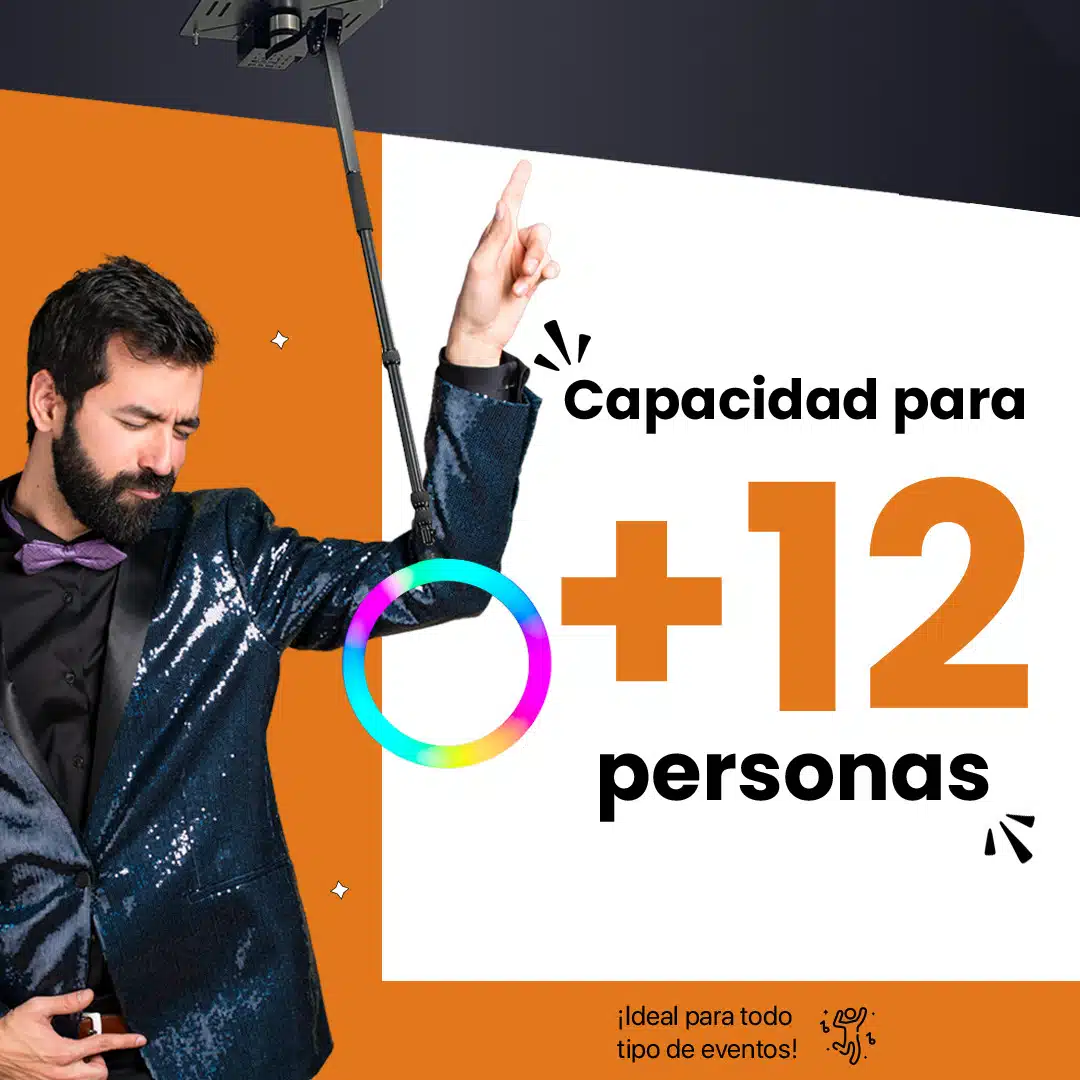Fotomatón Aéreo 360 con capacidad para más de 12 personas a la vez, grabando a un invitado bajo el brazo motorizado