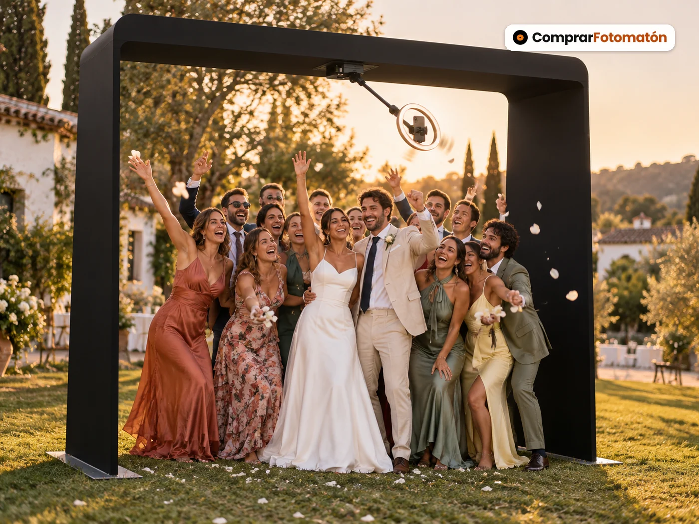Novios e invitados grabando un vídeo 360 en cámara lenta bajo el Fotomatón Aéreo 360 en el jardín de una boda al atardecer