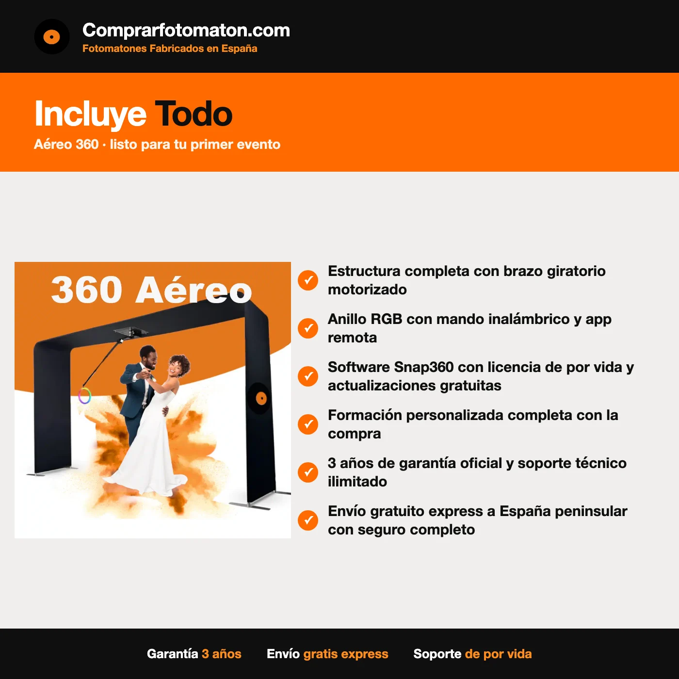 Fotomatón Aéreo 360: incluye estructura completa con brazo giratorio motorizado, Anillo RGB con mando inalámbrico y app remota y todo lo necesario para el primer evento
