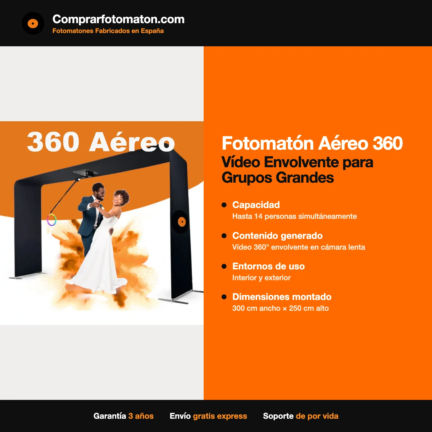 Fotomatón Aéreo 360: ficha técnica con hasta 14 personas simultáneamente, Vídeo 360° envolvente en cámara lenta, Interior y exterior