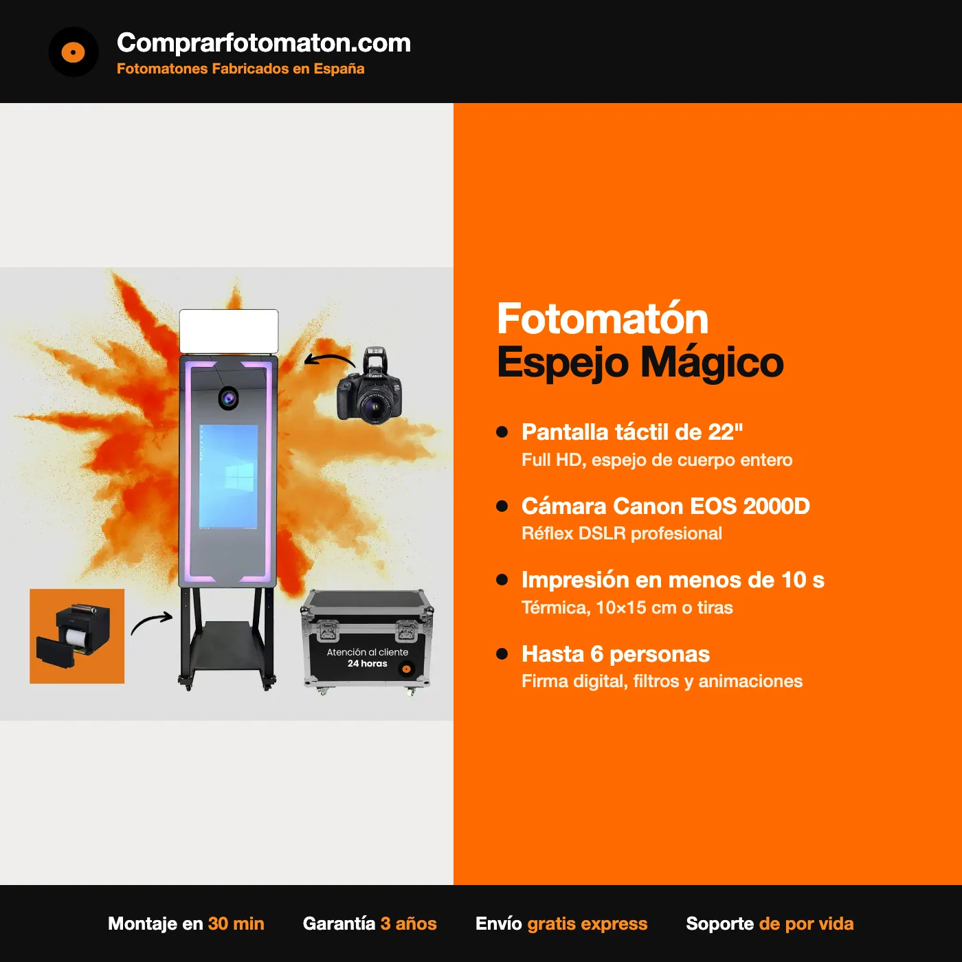 Ficha técnica del Fotomatón Espejo Mágico: pantalla táctil de 22 pulgadas, cámara Canon EOS 2000D, impresión en menos de 10 segundos y capacidad para 6 personas