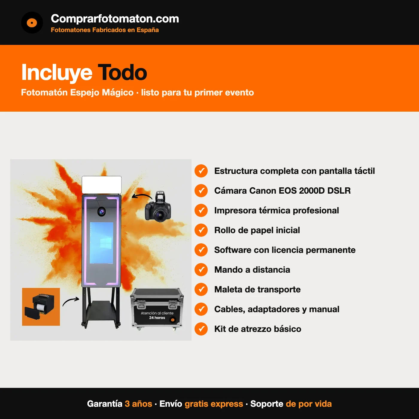 Todo lo que incluye el Fotomatón Espejo Mágico: estructura con pantalla táctil, Canon EOS 2000D, impresora térmica, software con licencia permanente, maleta de transporte y kit de atrezzo