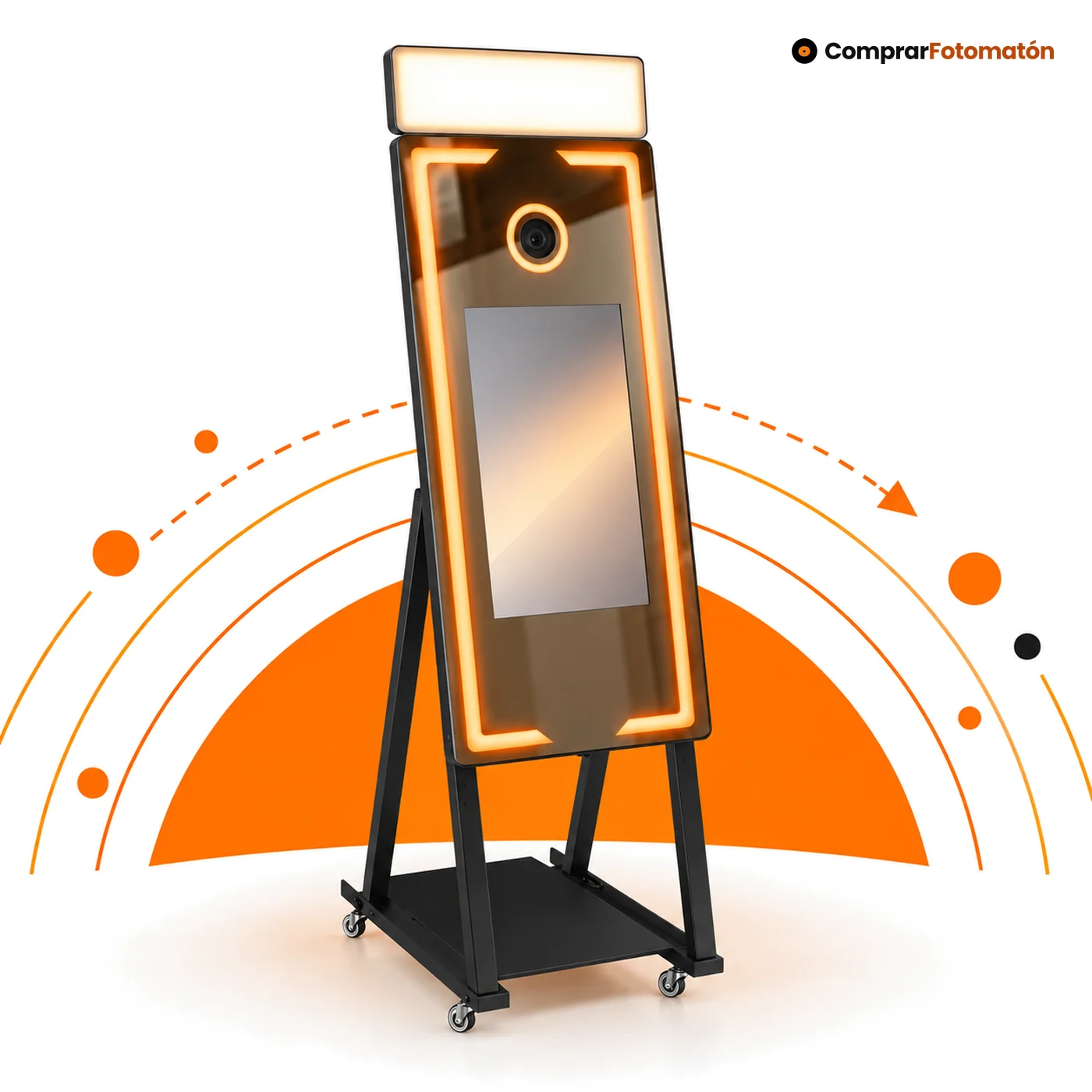 Fotomatón Espejo Mágico: espejo de cuerpo entero con marco LED naranja, foco LED arriba y pantalla táctil de 22 pulgadas, sobre soporte con ruedas