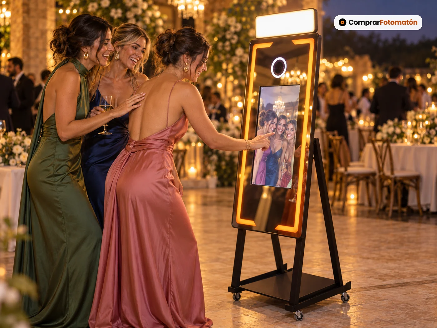 Tres invitadas con vestido de fiesta haciéndose una foto con el Fotomatón Espejo Mágico en el banquete de una boda de noche con lámparas de araña