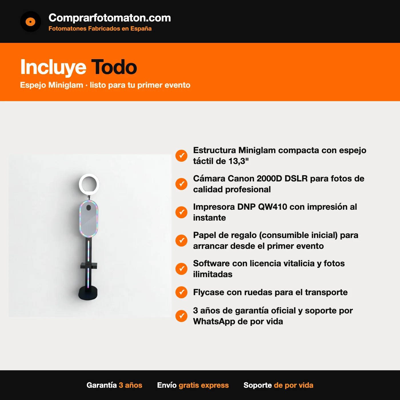 Fotomatón Espejo Mágico Miniglam: incluye estructura Miniglam compacta con espejo táctil de 13,3" y todo lo necesario para el primer evento