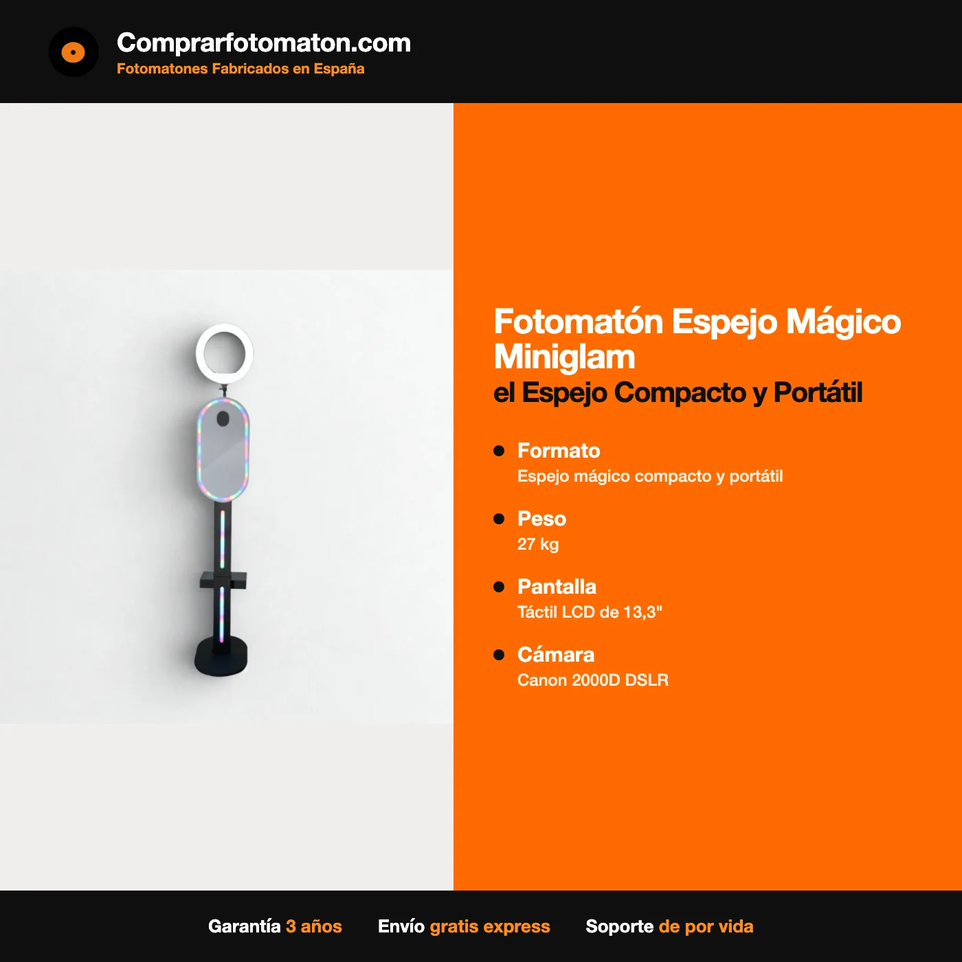 Fotomatón Espejo Mágico Miniglam: ficha técnica con espejo mágico compacto y portátil, 27 kg, Táctil LCD de 13,3"