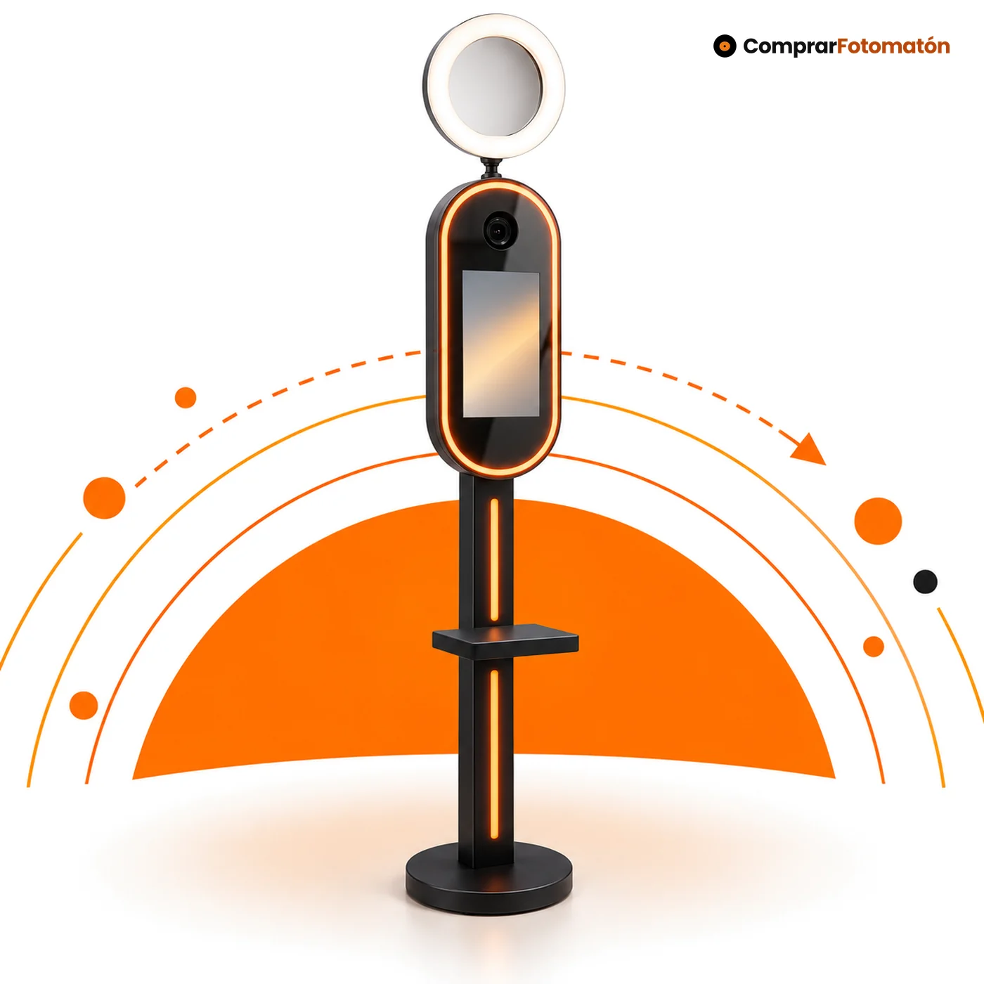Espejo Mágico Miniglam: cápsula negra con marco LED, objetivo y pantalla táctil sobre un mástil con aro de luz, bandeja y base redonda