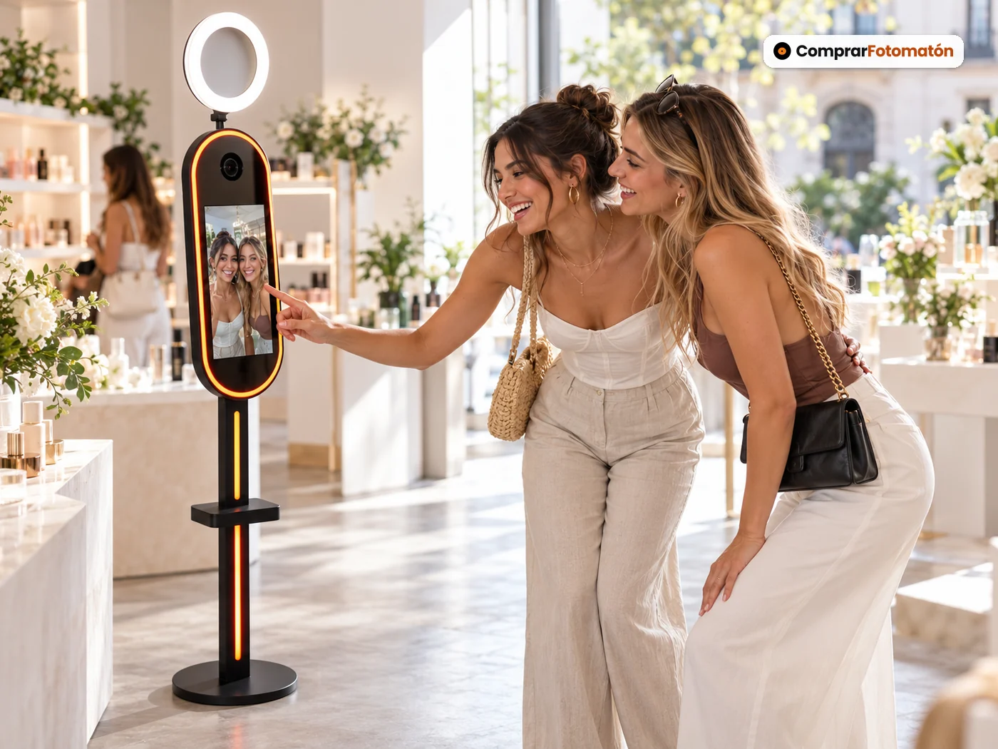 Dos amigas se hacen una foto con el Espejo Mágico Miniglam en una tienda pop-up luminosa de cosmética, de día