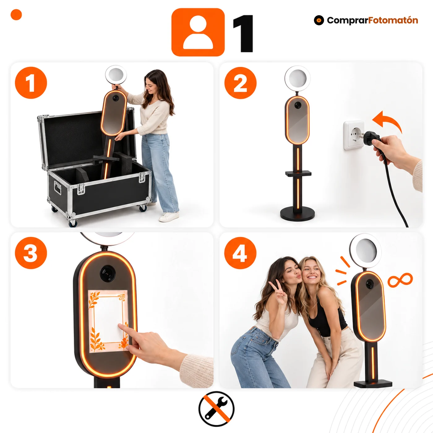 Cómo se monta el Espejo Mágico Miniglam: una sola persona lo saca del flycase, lo enchufa, personaliza el marco en la pantalla y empieza a hacer fotos, sin herramientas