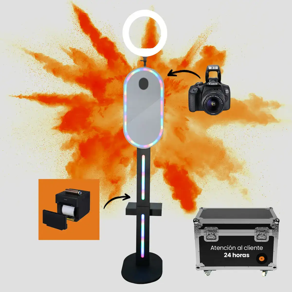 Equipo completo del Miniglam: espejo con aro LED RGB, cámara Canon EOS 2000D, impresora Citizen y flycase con ruedas