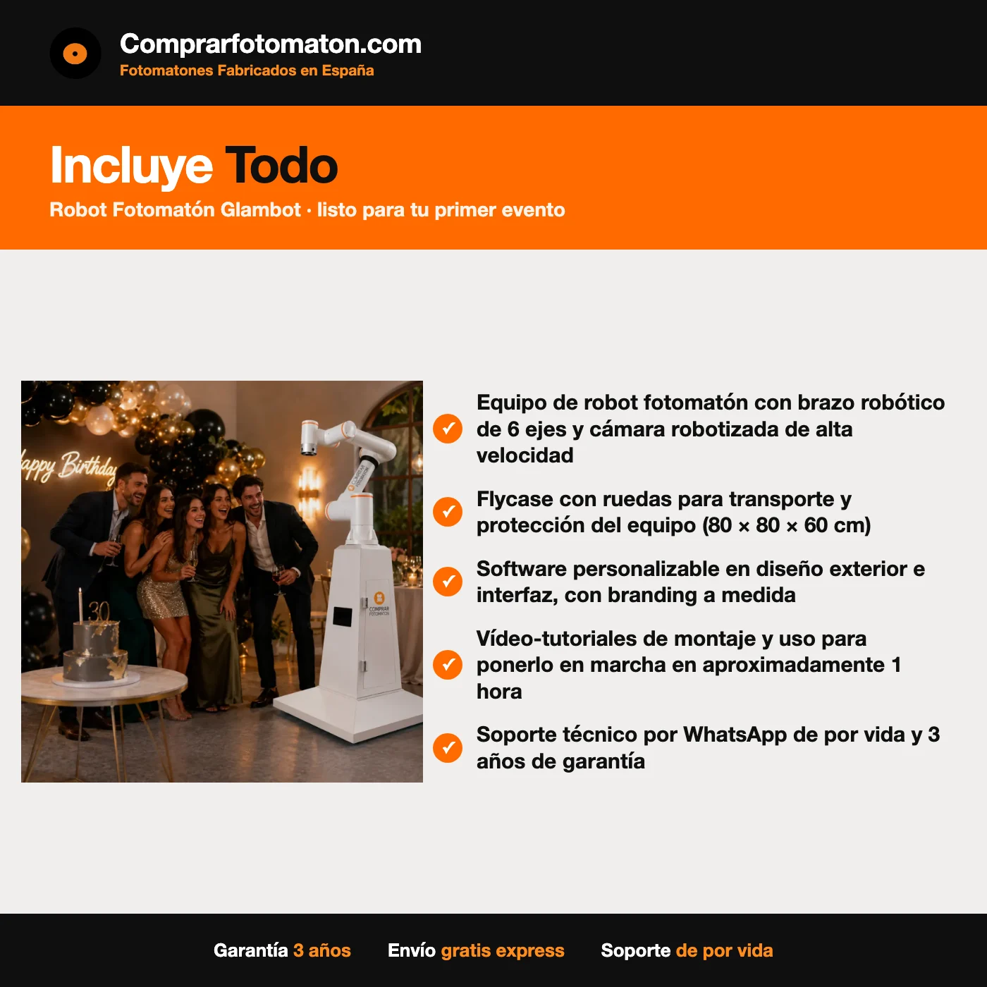 Robot Fotomatón Glambot: incluye equipo de robot fotomatón con brazo robótico de 6 ejes y cámara robotizada de alta velocidad y todo lo necesario para el primer evento