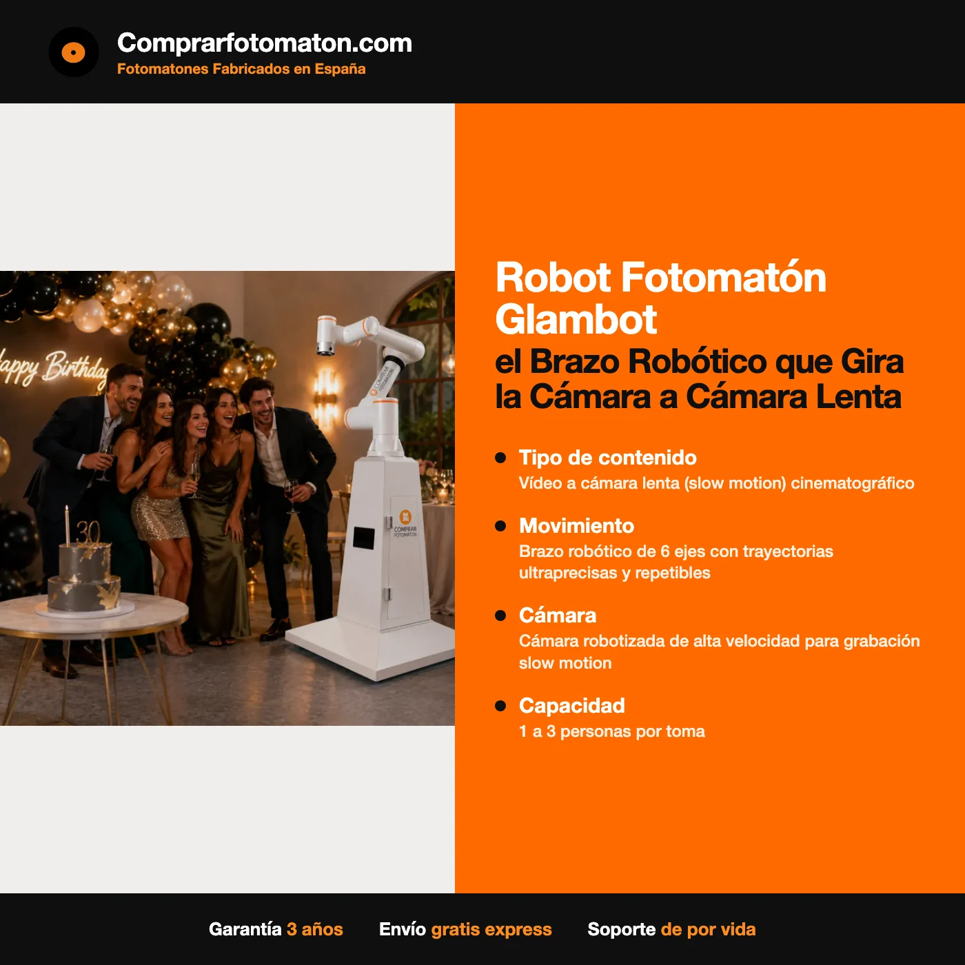 Robot Fotomatón Glambot: ficha técnica con vídeo a cámara lenta (slow motion) cinematográfico