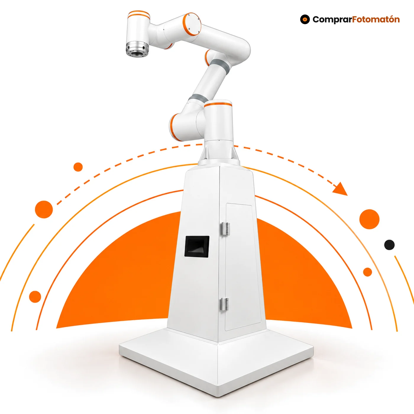 Robot Fotomatón Glambot: brazo robótico blanco de 6 ejes con detalles naranjas sobre un pedestal blanco con puerta de servicio