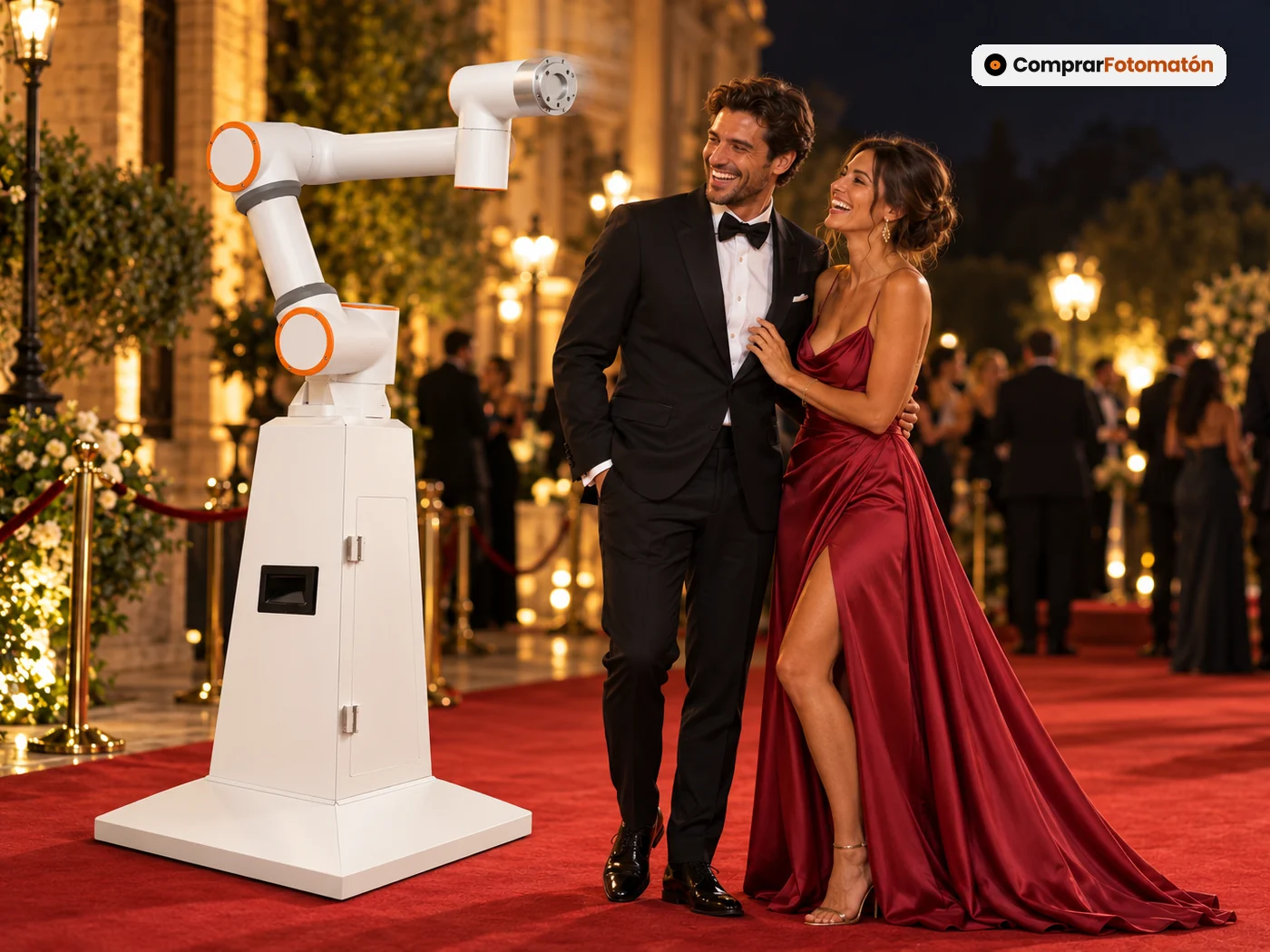 Pareja de gala en una alfombra roja de noche posando junto al Robot Fotomatón Glambot, con el brazo robótico girando a su alrededor