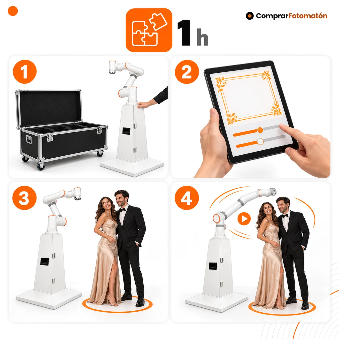 Cómo se monta y se usa el Robot Fotomatón Glambot: sacarlo del flycase, ajustar el marco en la tableta, colocar a los invitados sobre la marca y grabar con el brazo girando a su alrededor; montaje en aproximadamente 1 hora