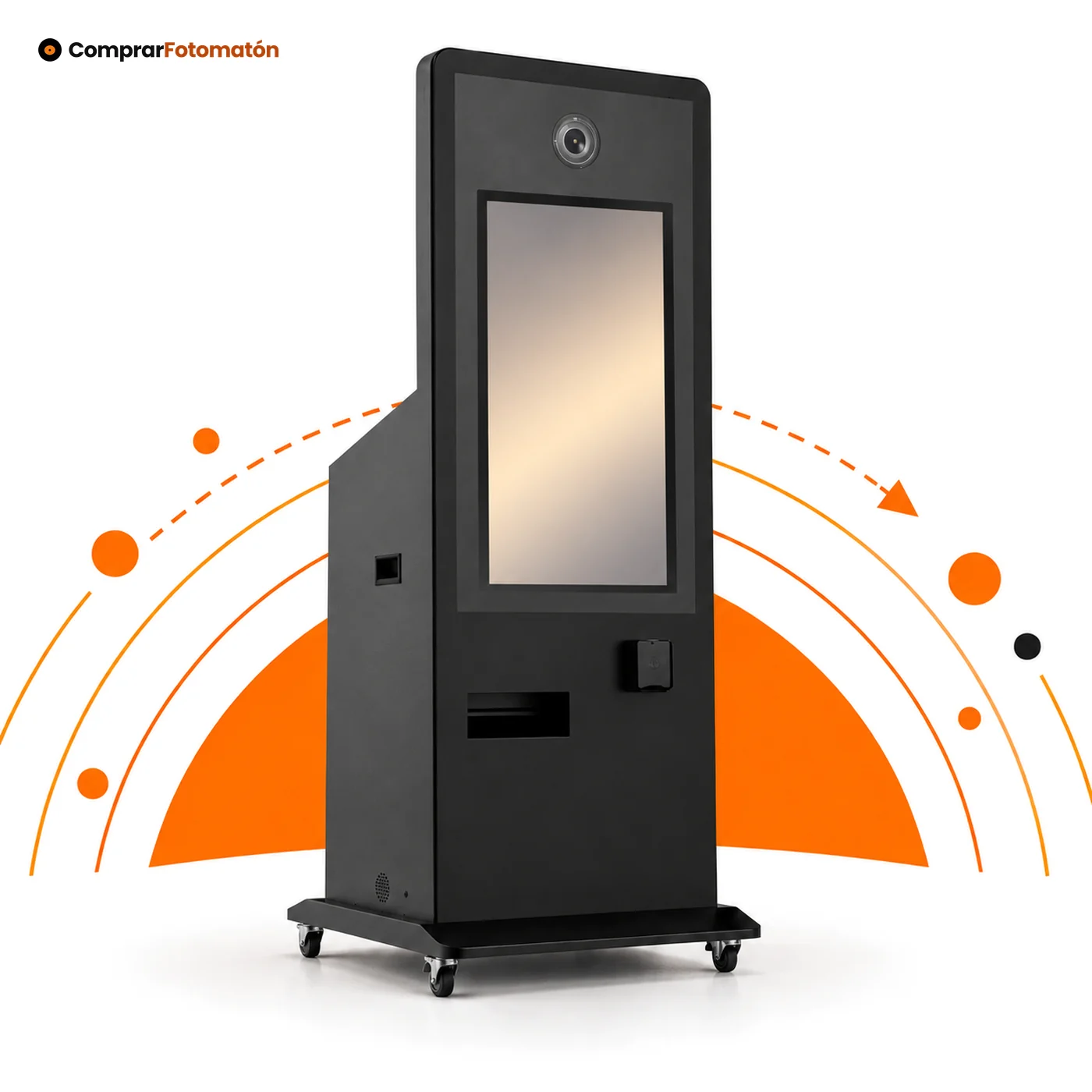 Fotomatón Vending Metal: cabina metálica negra antivandálica con pantalla táctil de 45", objetivo de cámara, lector de pago sin contacto y base con ruedas
