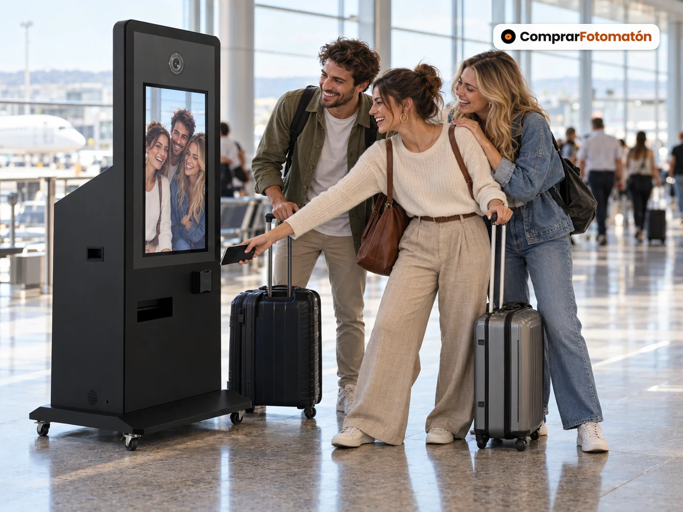 Tres amigos con maletas de cabina posan delante del Fotomatón Vending Metal negro con pantalla de 45 pulgadas en la terminal de un aeropuerto