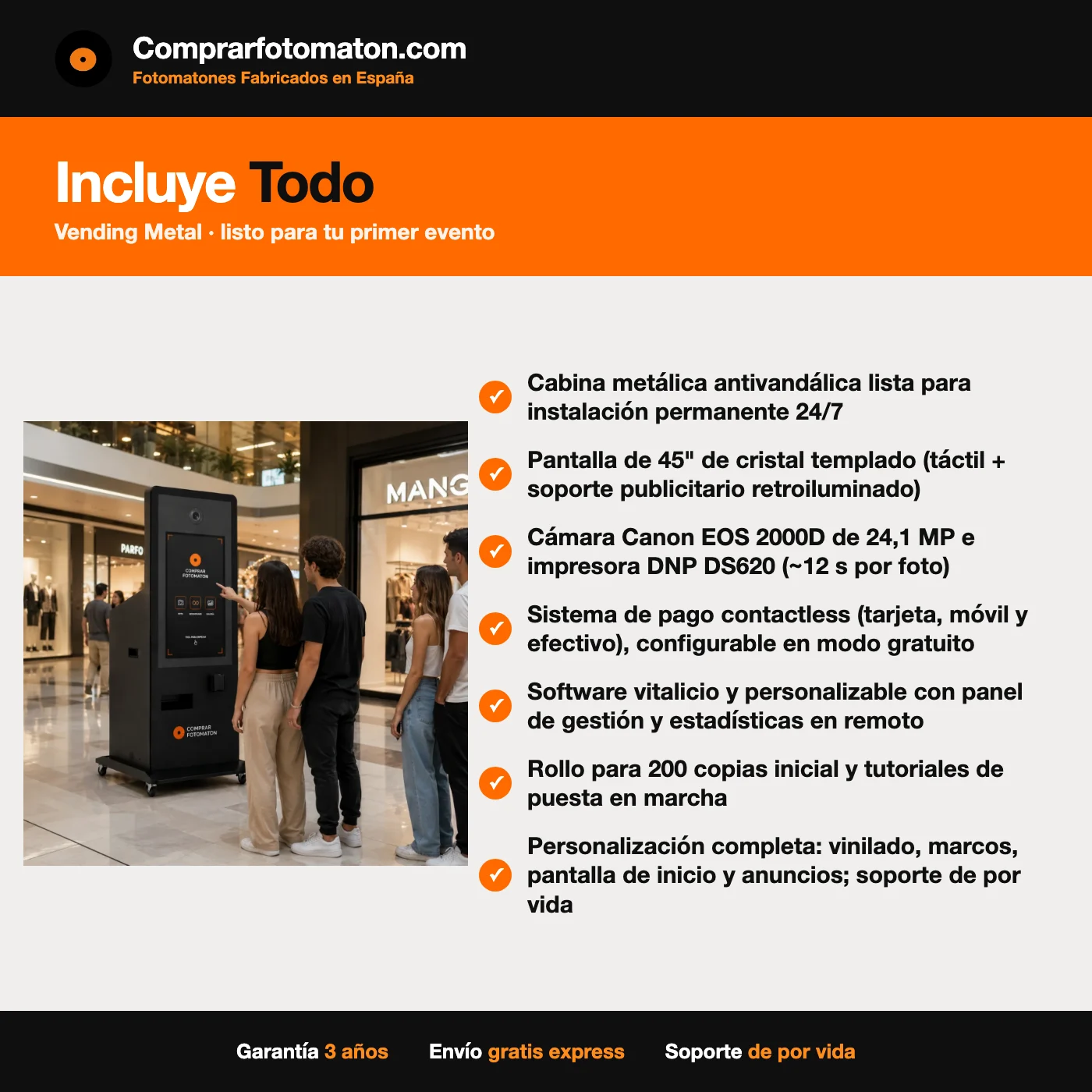 Fotomatón Vending Metal: incluye cabina metálica antivandálica lista para instalación permanente 24/7 y todo lo necesario para el primer evento
