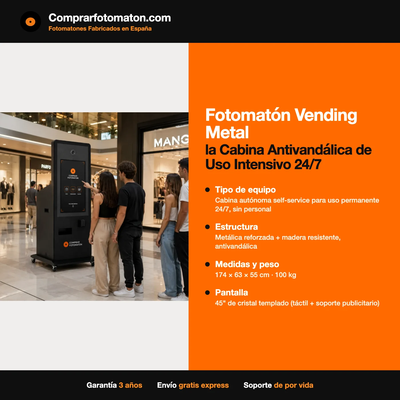 Fotomatón Vending Metal: ficha técnica con cabina autónoma self-service para uso permanente 24/7, sin personal
