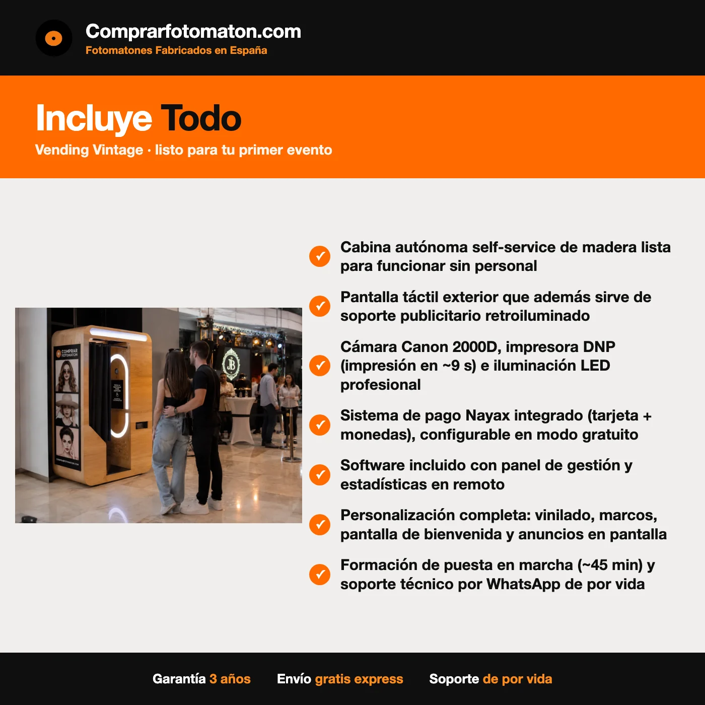 Fotomatón Vending Vintage: incluye cabina autónoma self-service de madera lista para funcionar sin personal y todo lo necesario para el primer evento