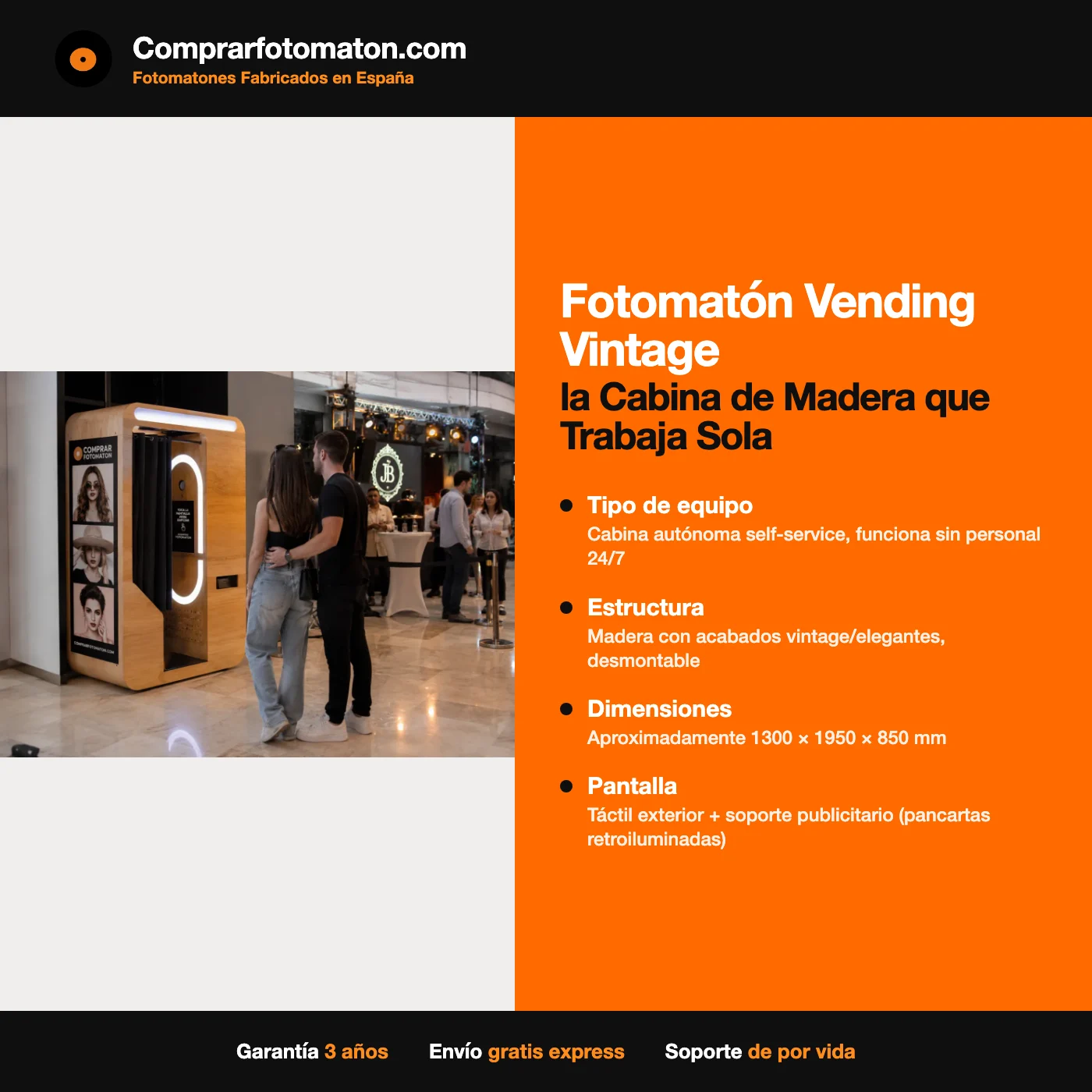 Fotomatón Vending Vintage: ficha técnica con cabina autónoma self-service, funciona sin personal 24/7