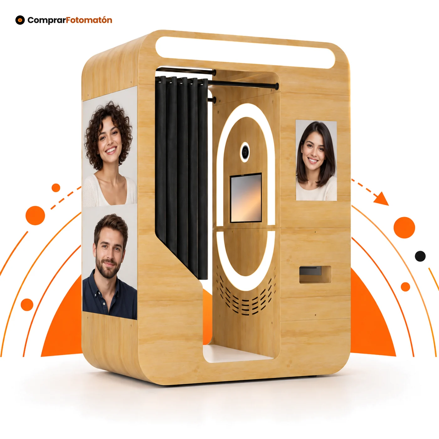 Fotomatón Vending Vintage: cabina de madera con cortina negra, aro de luz LED, pantalla táctil, barra de luz superior y paneles con retratos