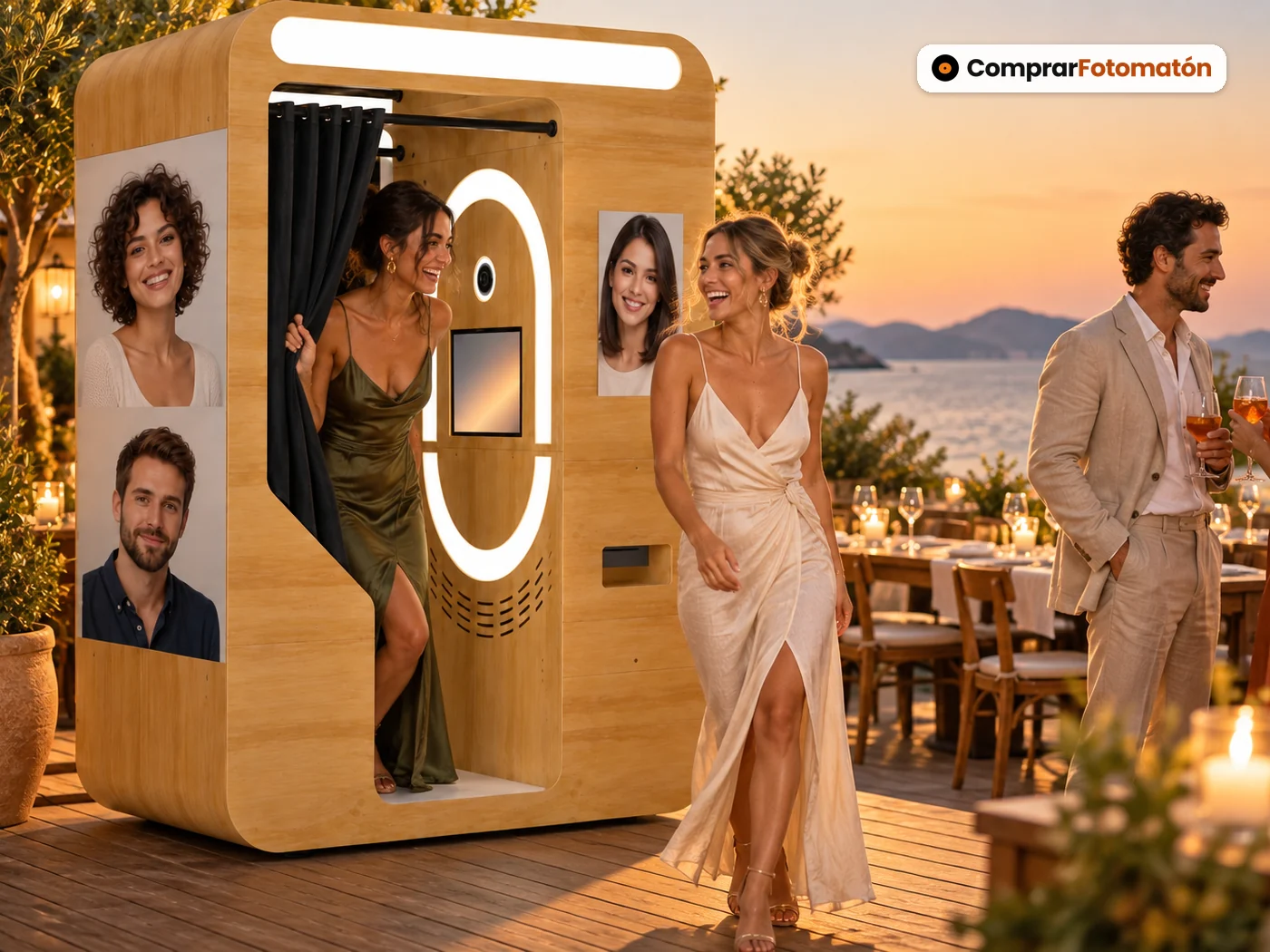 Invitados junto al Fotomatón Vending Vintage de madera, con cortina negra y aro de luz, en la terraza de un restaurante junto al mar al atardecer