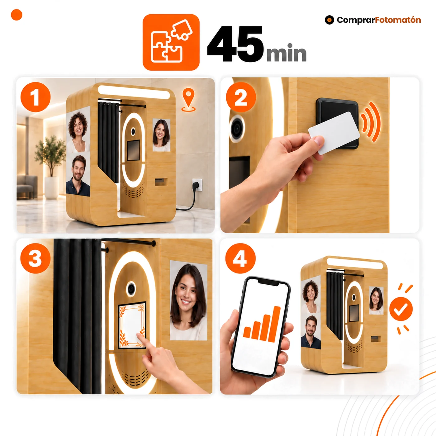 Cómo funciona el Fotomatón Vending Vintage: instalarlo, configurar el pago, cargar tu marca y anuncios y facturar de forma autónoma, con puesta en marcha en 45 minutos