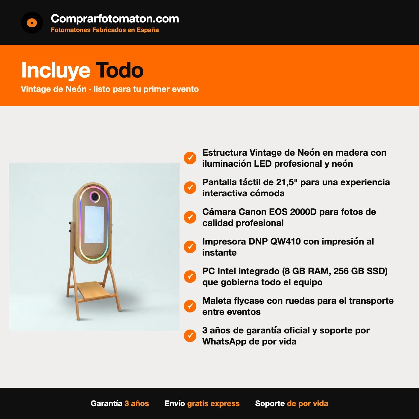 Fotomatón Vintage de Neón: incluye estructura Vintage de Neón en madera con iluminación LED profesional y neón y todo lo necesario para el primer evento