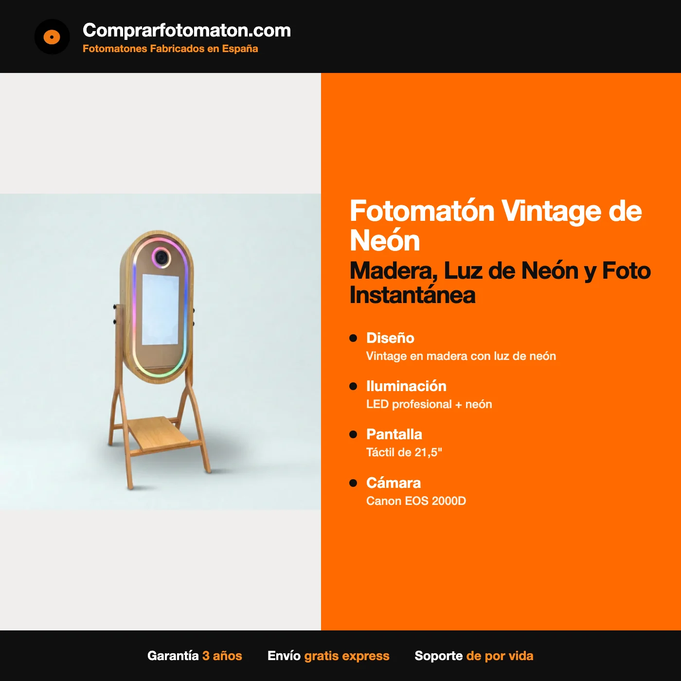 Fotomatón Vintage de Neón: ficha técnica con vintage en madera con luz de neón, LED profesional + neón, Táctil de 21,5"