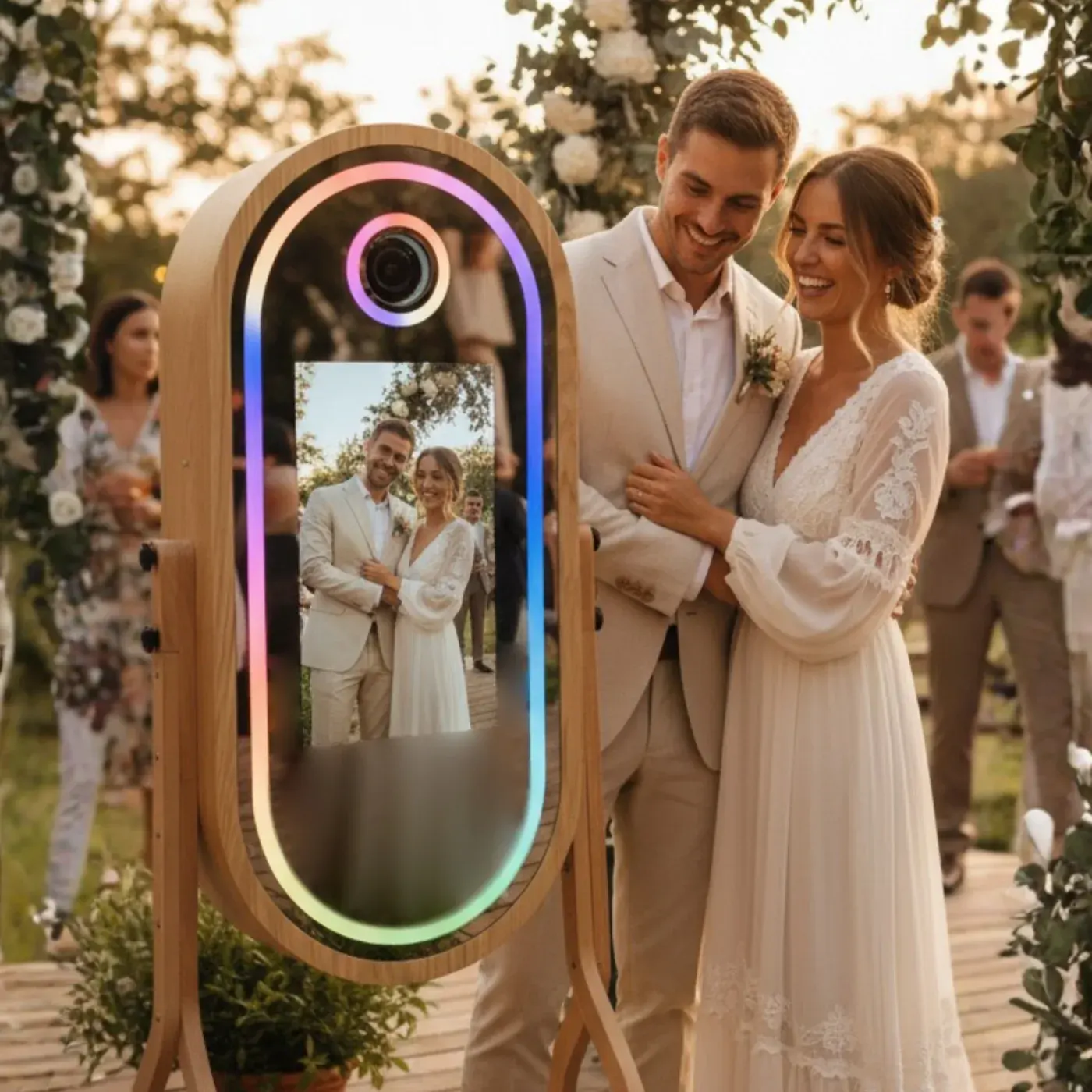 Fotomatón vintage de neón en madera con impresora DNP QW410 para bodas y fiestas temáticas