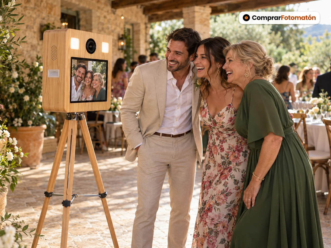 Tres invitados de una boda rústica en una masía, de día, haciéndose una foto con el Fotomatón Vintage Premium de madera sobre trípode