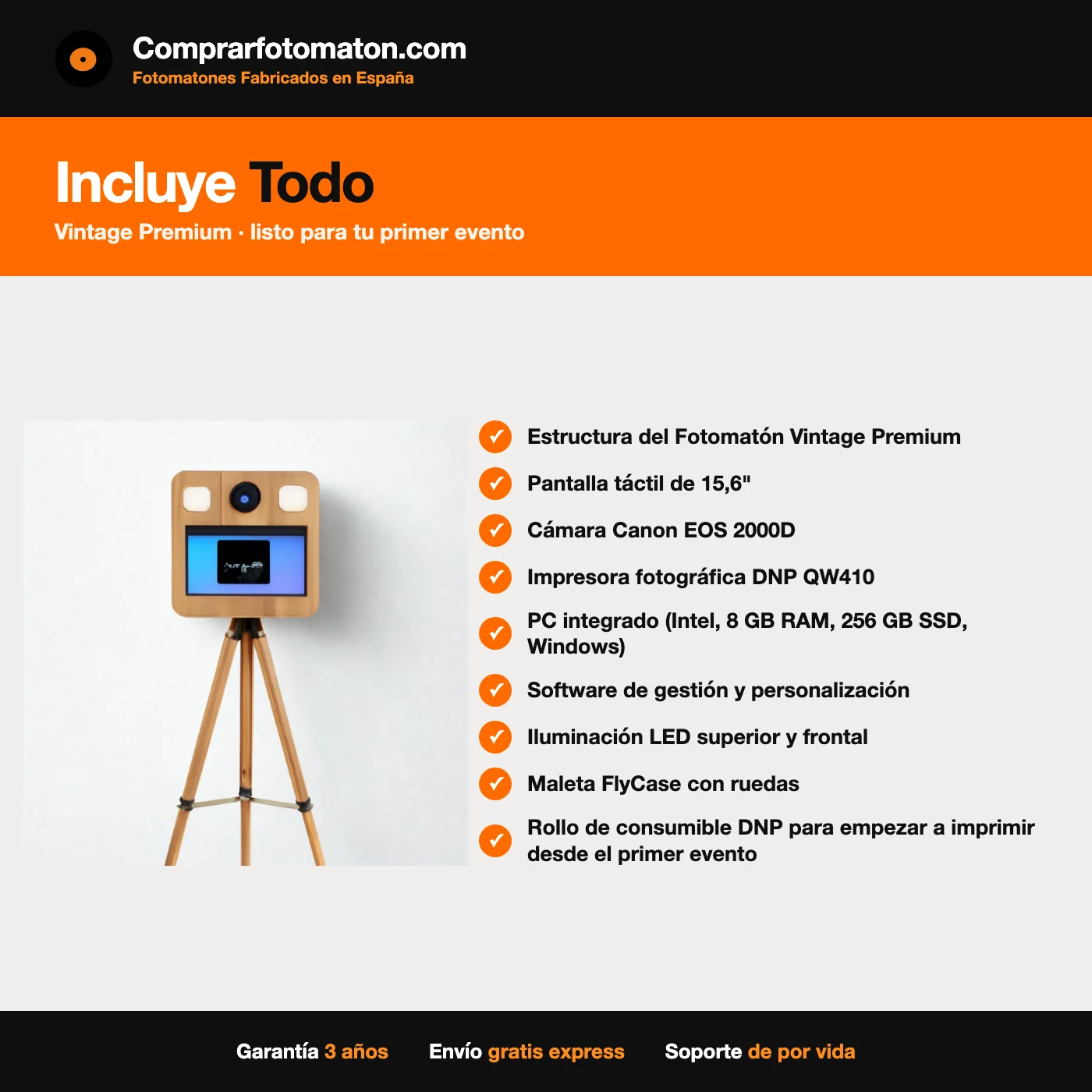 Fotomatón Vintage Premium para Bodas, Eventos y Celebraciones: incluye estructura del Fotomatón Vintage Premium, Pantalla táctil de 15,6", Cámara Canon EOS 2000D y todo lo necesario para el primer evento