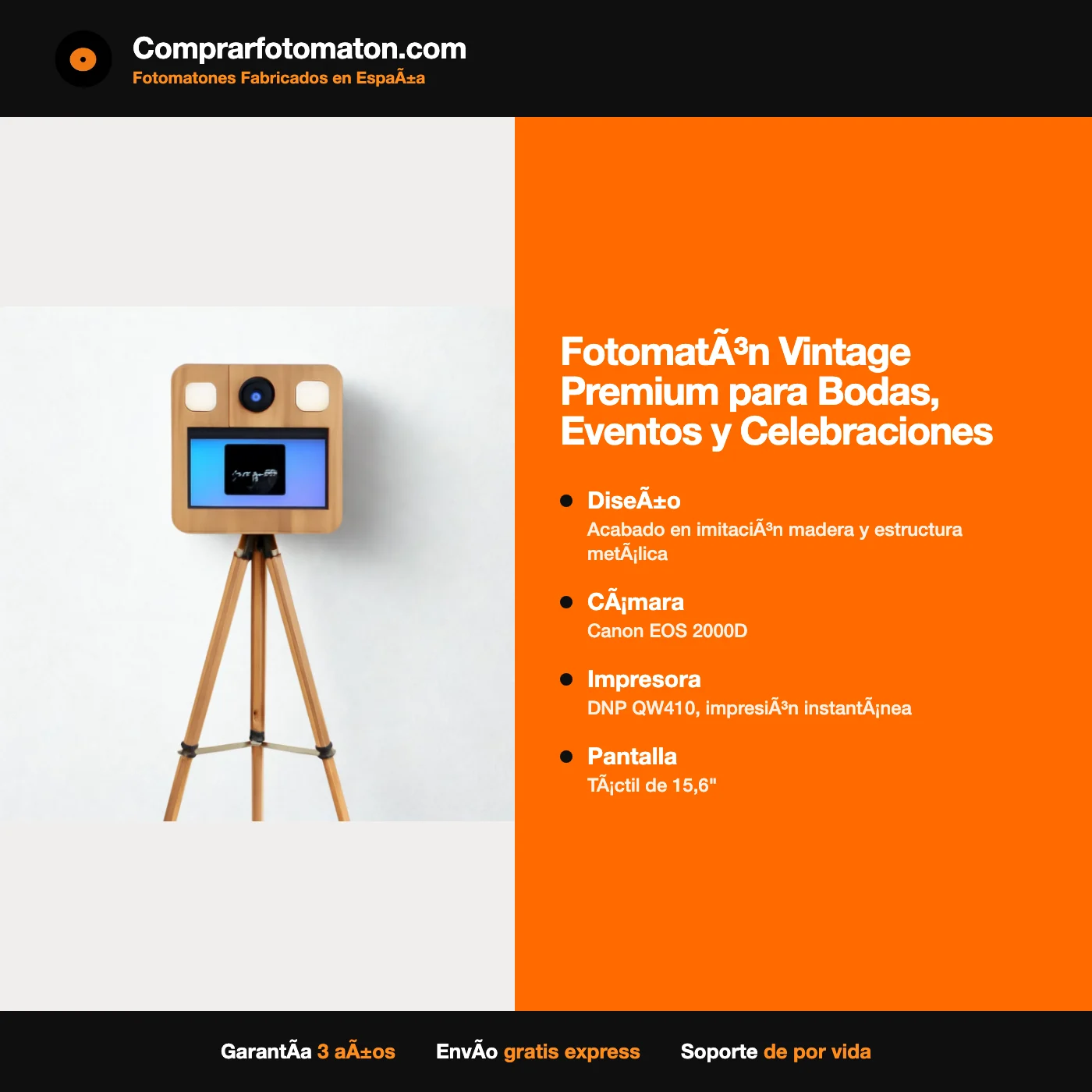 Fotomatón Vintage Premium para Bodas, Eventos y Celebraciones: ficha técnica con acabado en imitación madera y estructura metálica, Canon EOS 2000D